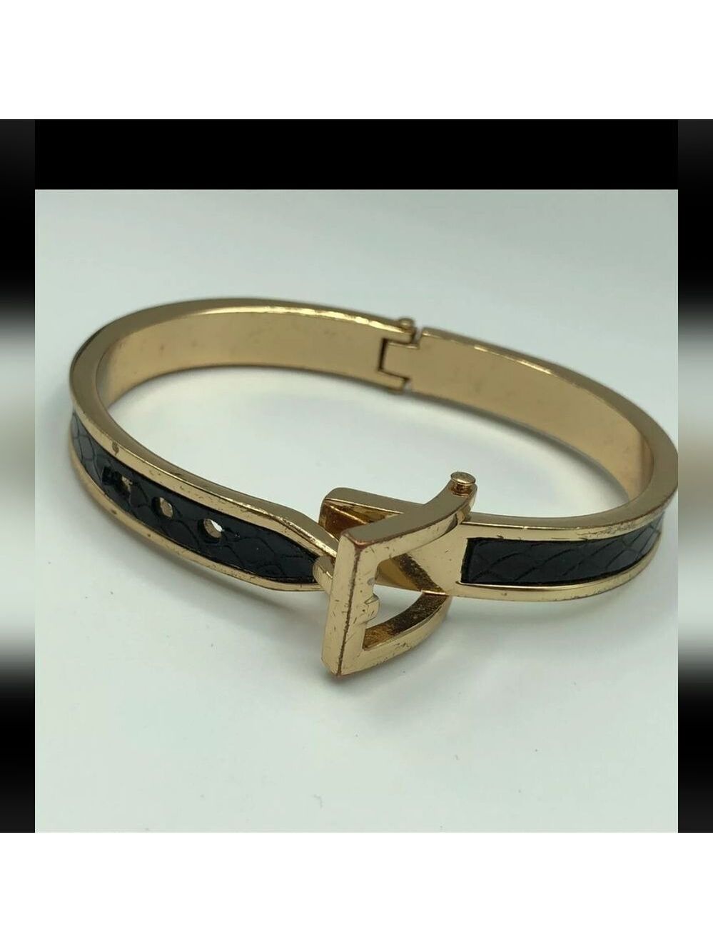 Vintage Black Belt Cuff Buckle Bracelet 2 1/2" - Picture 2 of 6